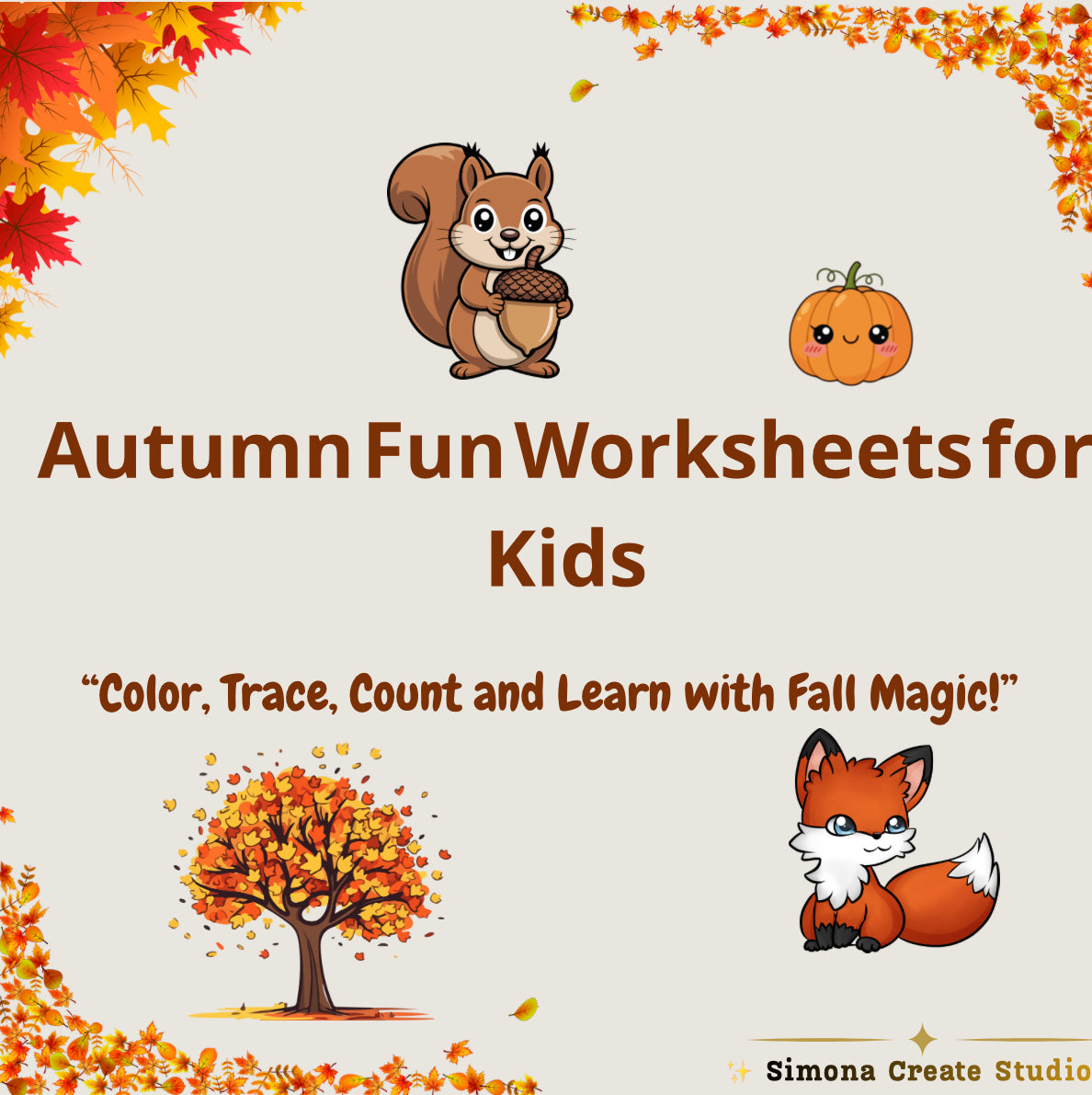 Autumn Fun Worksheets for Kids – Color, Trace & Count with Fall Magic | Printable PDF