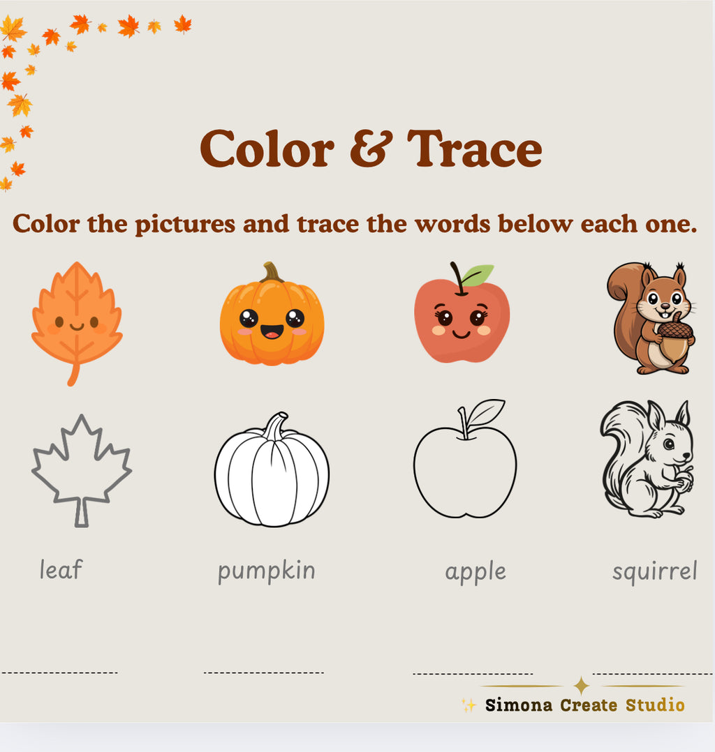 Autumn Fun Worksheets for Kids – Color, Trace & Count with Fall Magic | Printable PDF