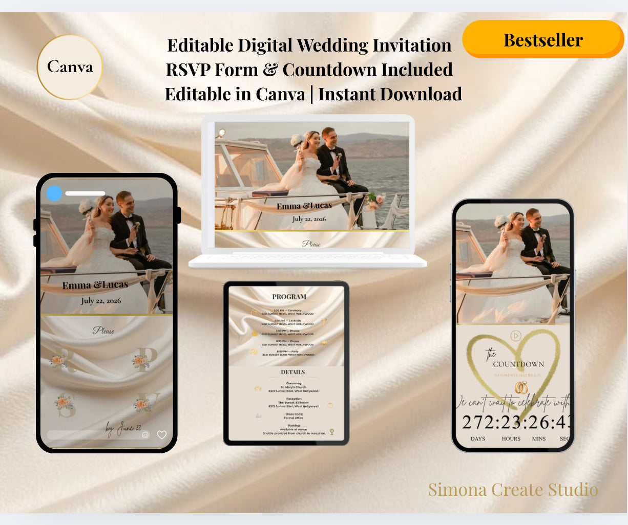💍 Editable Digital Wedding Invitation | Canva Template | RSVP Form & Countdown