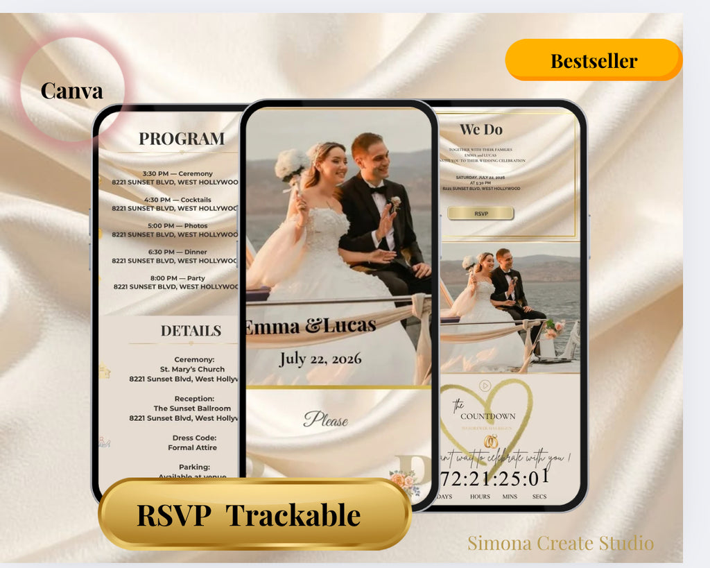 💍 Editable Digital Wedding Invitation | Canva Template | RSVP Form & Countdown