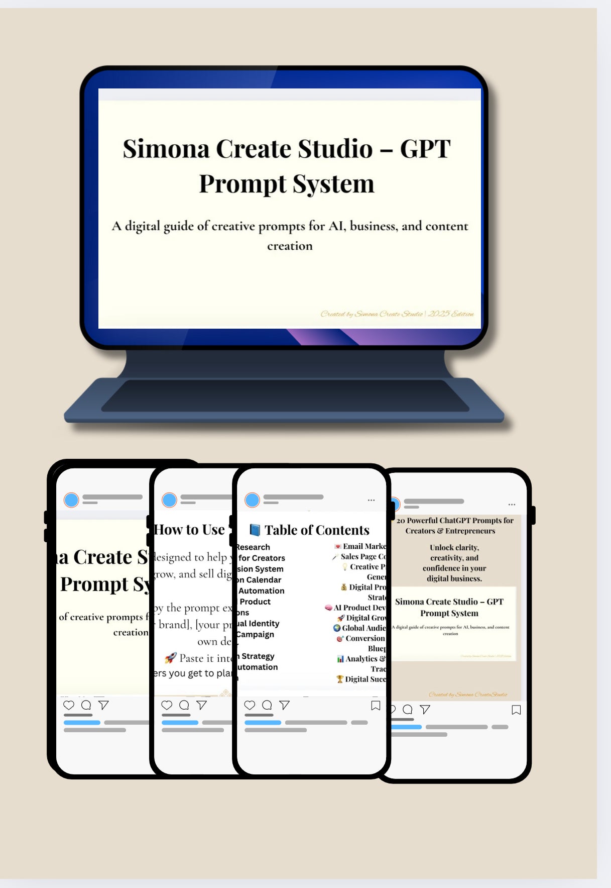 Elegant beige mockup of “Simona Create Studio – GPT Prompt System”, a digital PDF guide with 20 ChatGPT prompts for creators and entrepreneurs. Includes title and tagline on a laptop screen with smartphone previews below.